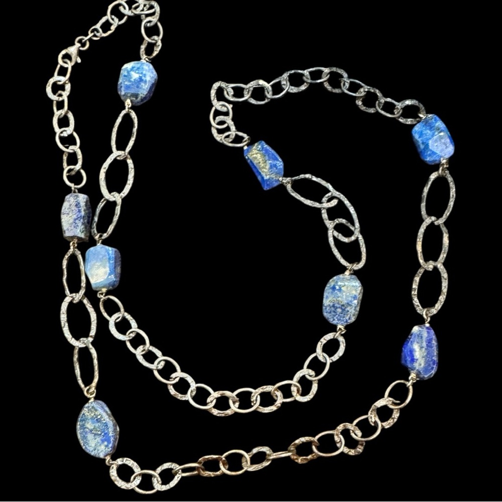 Artisan Lapis Lazuli Blue & Oxidized Silver Necklace -36”